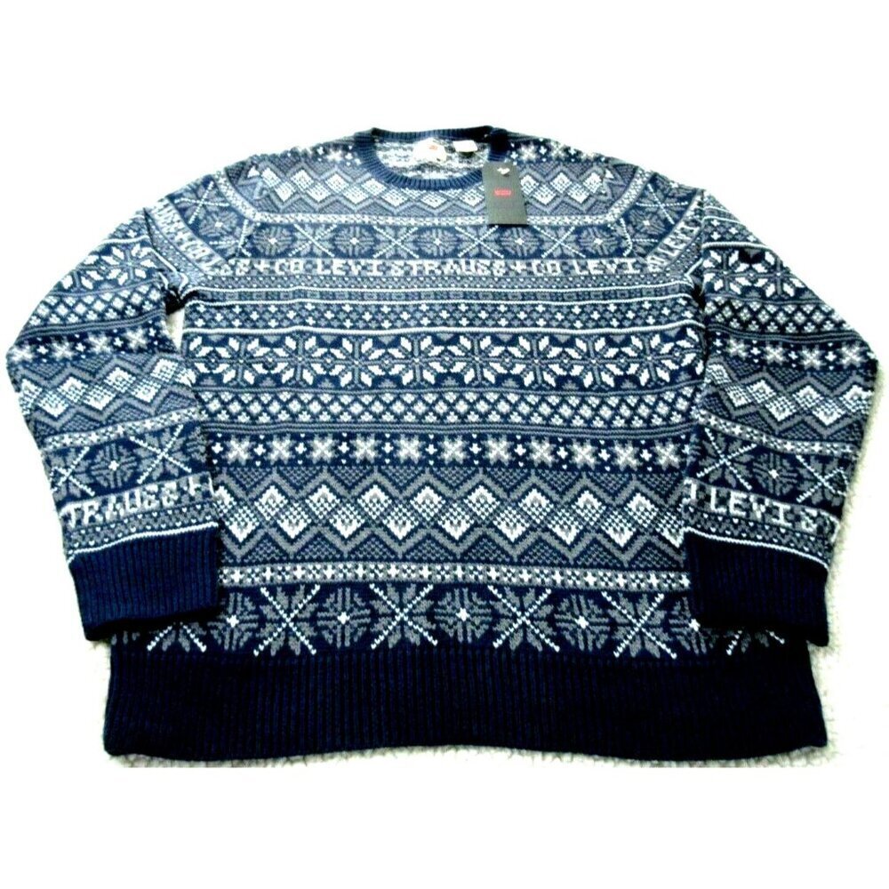 Levi's Men's Cotton Blend Holiday Blue Logo Crew Neck Sweater Size Medium NWT
